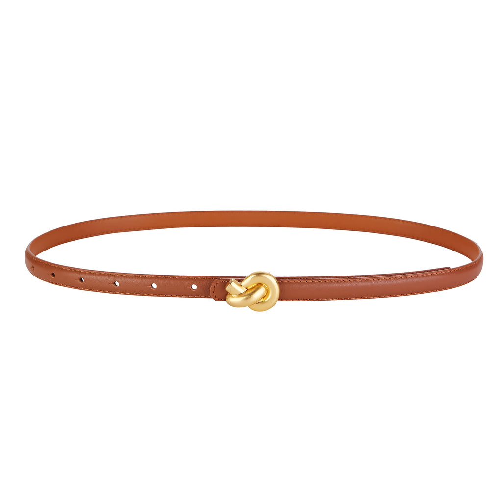 Premium Genuine Leather Women's Fashion Belt with High-Quality Metal Knot Buckle for Dresses and Jeans