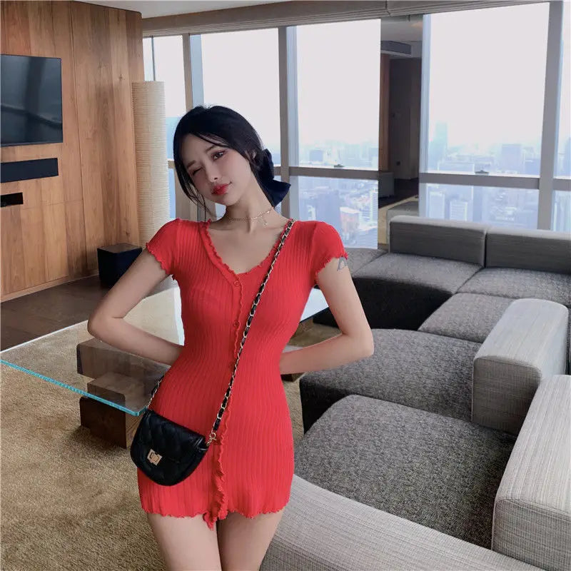 Short Sleeve Dresses Women Slim V-neck Button Mini Solid Summer New High Waist Sexy Sweet Holiday Korean Style Chic Club Hot Ins