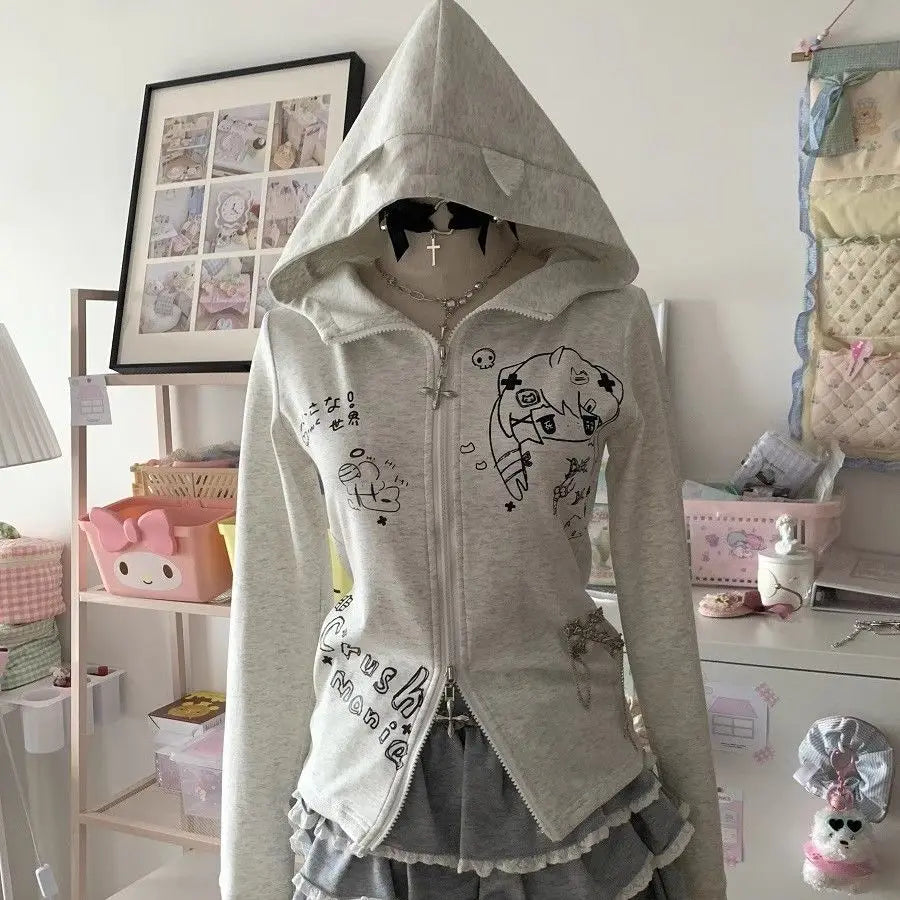 Cat Ears Hooded Sweatshirts 2025 Women Clothes Short Sleeve Zipper Slim Fit Hoodies Y2k Tops Casual Fashion Japanese Cute Hoodie
