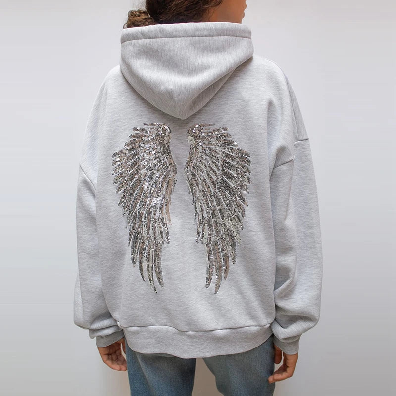 Casual Sequined Angel Wings Oversized Hoodie Women Loose Grey Long Sleeve Street Warm Pullover 2025 Winter Lady Daily Wear New