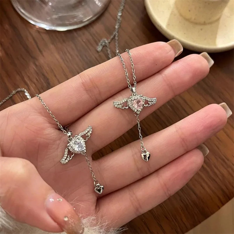2PCS 925 Sterling Silver Heart Angel Wings Pendant Choker Necklaces for Woman Girls Party Jewelry Accessories Jewellery Women