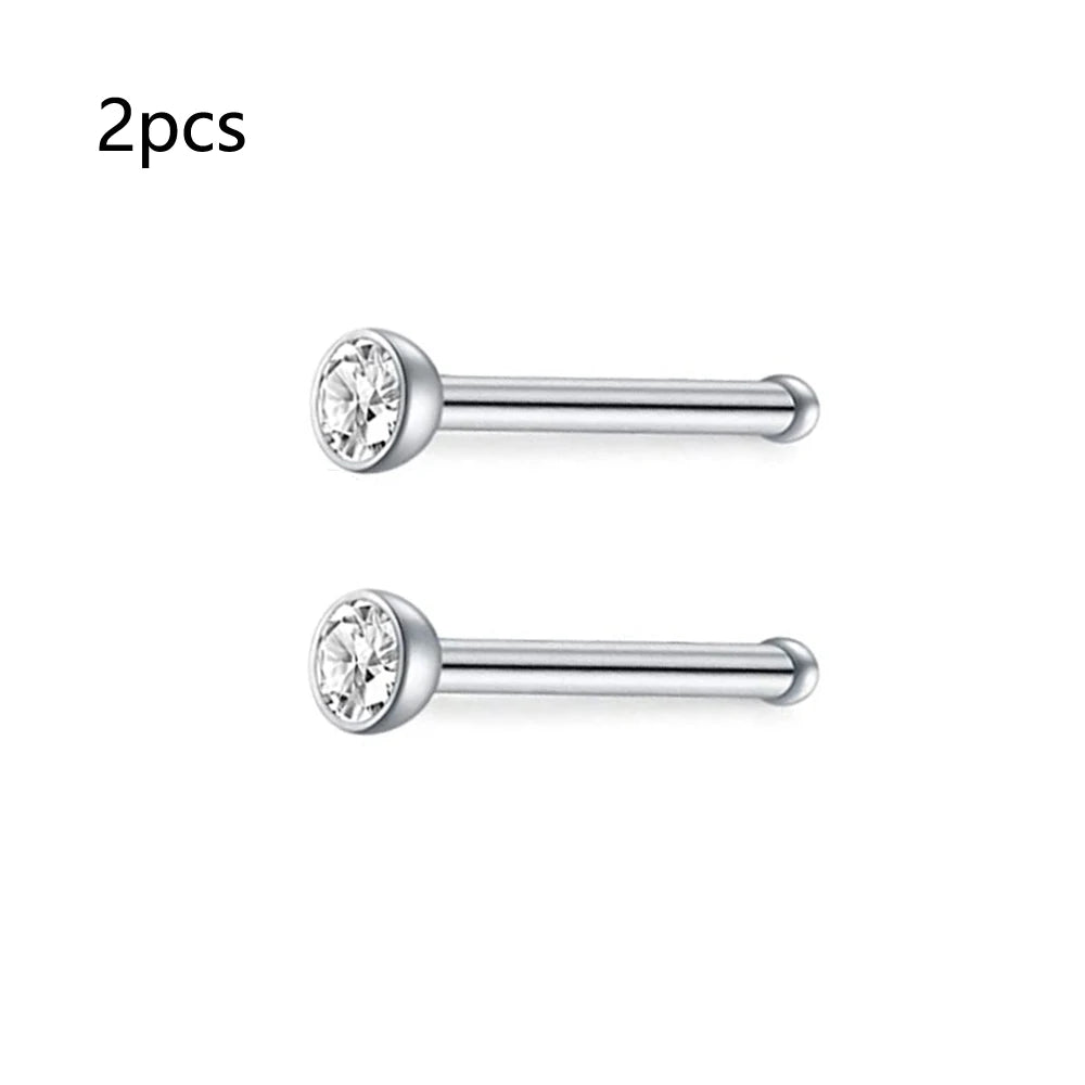 Nose Rings 2pcs 20G Surgical Steel Piercing Jewelry Straight Screw Clear CZ Nose Piercing Jewelry Silver Nostril Ring