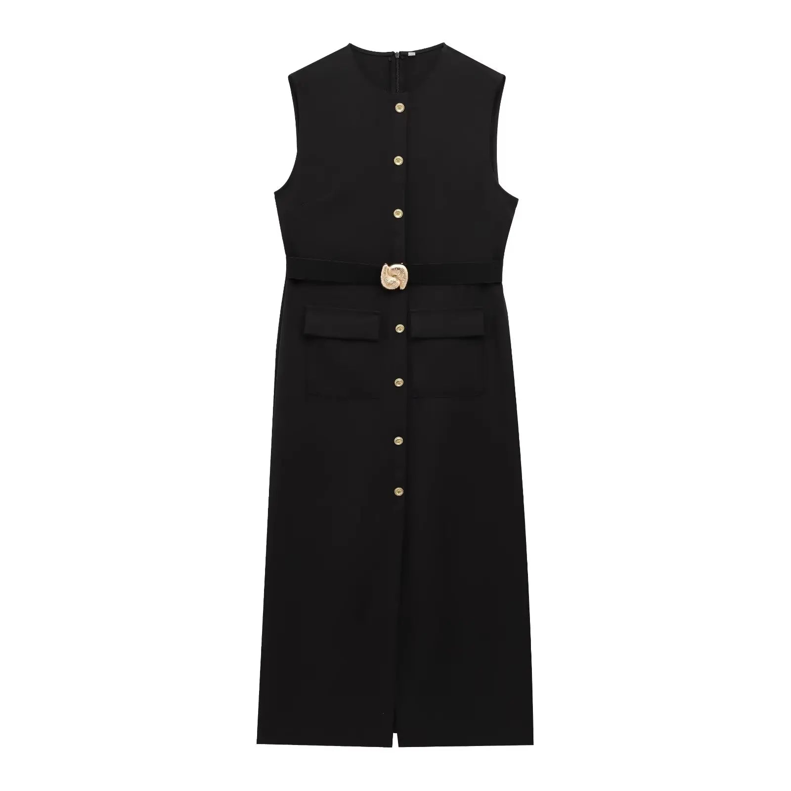 HH Women Elegant Black Dress O Neck Single Breasted Sleeveless Dresses With Belt Summer Casual Office Lady Dress Vestidos