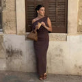 Elegant Off Shoulder Pleated Long Dress Slim Slash Neck Sleeveless Female Party Dresses 2026 Summer Autumn Lady Chic Solid Robes