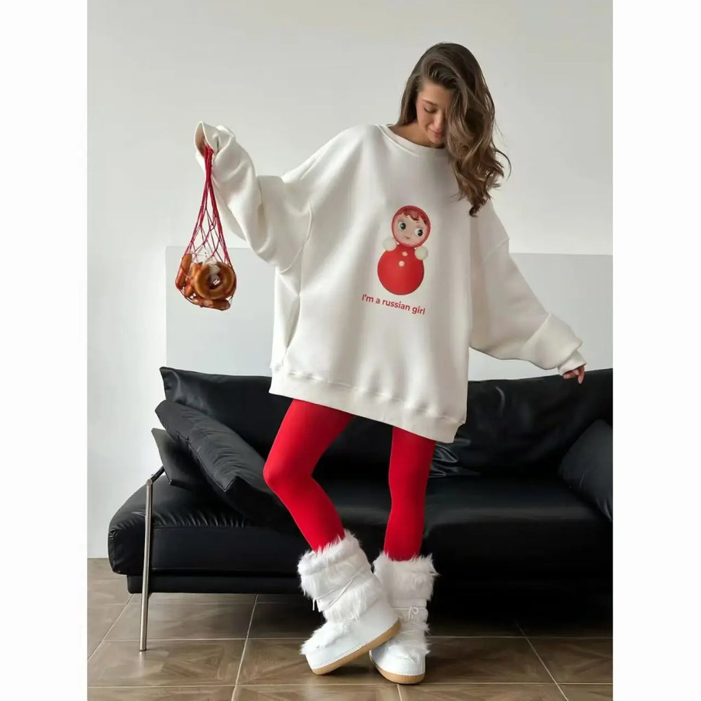 Russian Girl Superior Sense Print O Neck Sweatshirt Women White Thin Spring 2025 Hoodies Women Russian Style Loose Casual Tops