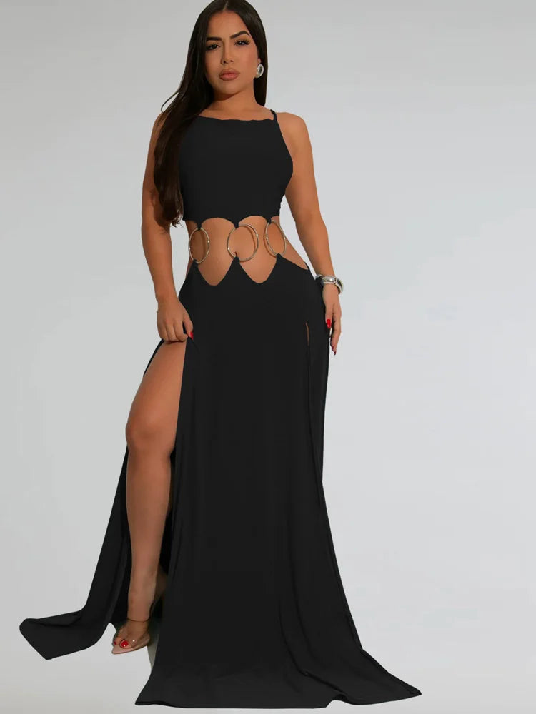 Beyprern Women's Hollow Out O-Rings Metal Long Dresses Fashion Backless Bandage Holiday Dresses Vacation Outfits Sexy Clubwear