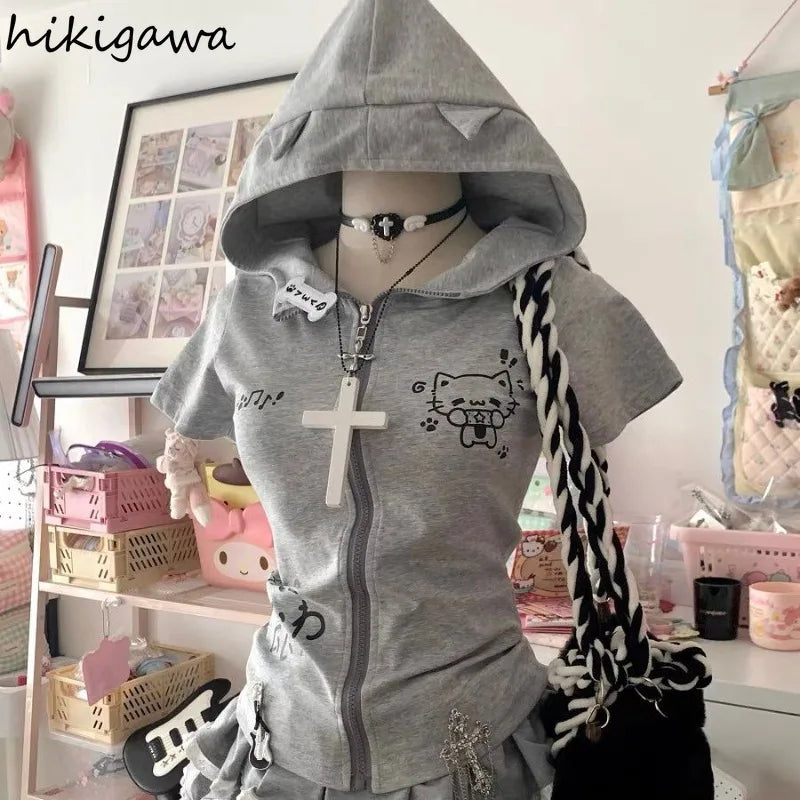 Cat Ears Hooded Sweatshirts 2025 Women Clothes Short Sleeve Zipper Slim Fit Hoodies Y2k Tops Casual Fashion Japanese Cute Hoodie