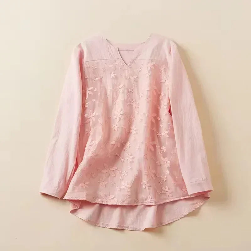 Women Lace Long Sleeve Tops V Neck Embroidery Loose
