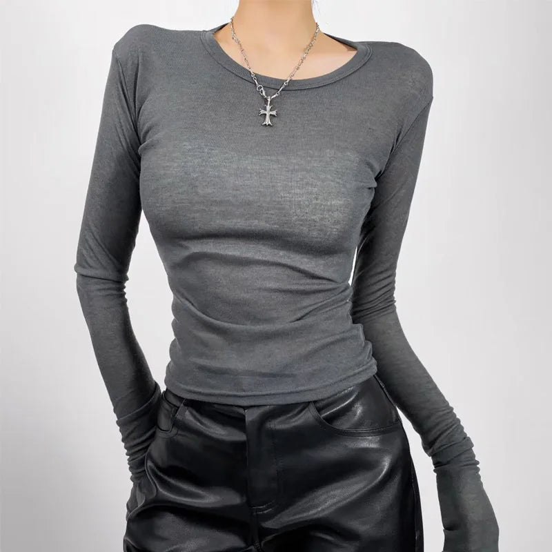 Spring and summer women's round neck slim fit long sleeved semi transparent T-shirt