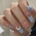 24Pcs Short Square Coffin False Nails French Glitter Wearable Fake Nails Acrylic Full Cover Women Ballet Press on Nails Tips