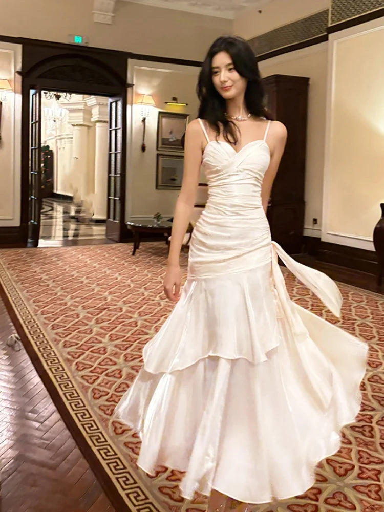 Elegant Ruffle Womens Dresses Sexy Spaghetti Strap Evening Birthday Party Dress Wedding Prom Vestidos Long Robe Female Clothing