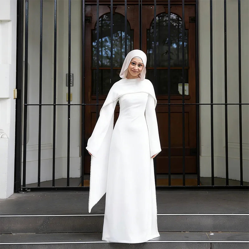 White Pearl Trim Cape Maxi Dress Women Elegant Long Sleeve Cinching Waist Muslim Robes 2026 Spring EID Abaya Lady Dresses