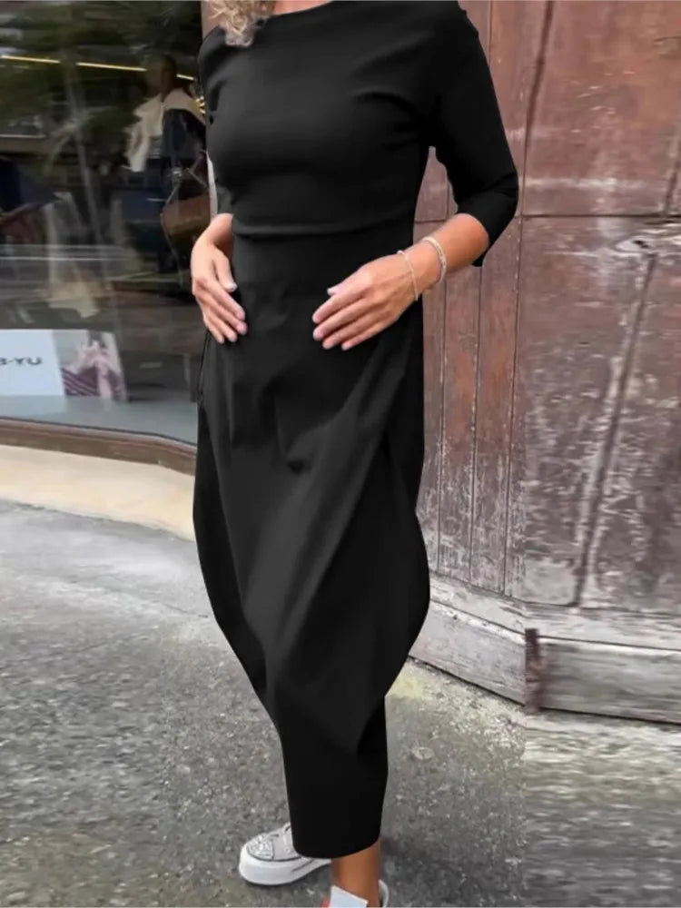 Dress For Women Slouchy Fashion Solid Color Long Dresses Loose Round Neck Long Sleeve Vintage Comfortable Vestidos Para Mujer