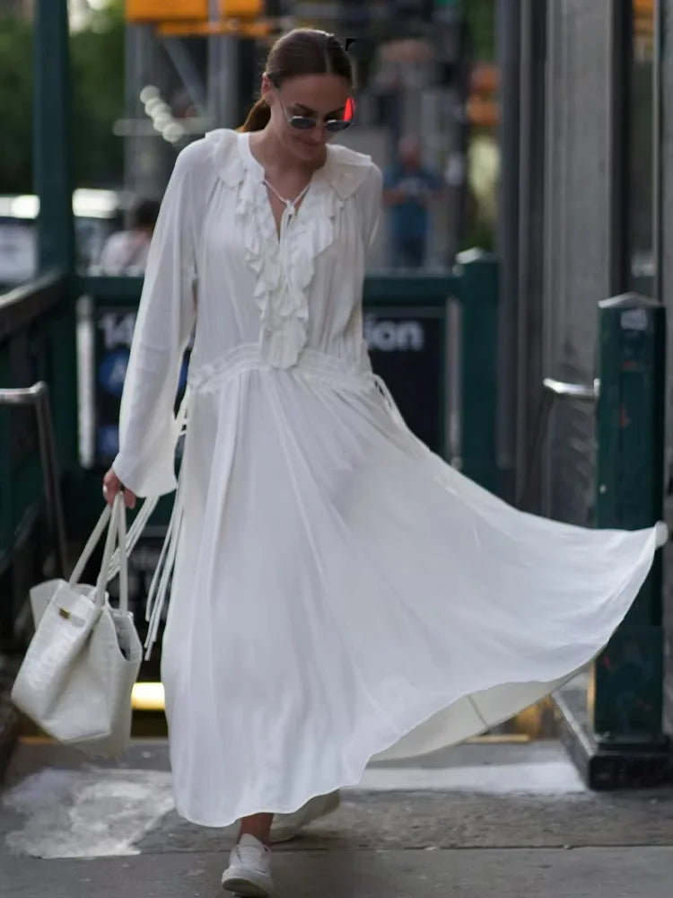 HH Women Summer Fashion Beach Style White Long Dress Long Sleeves Lace-Up Decoration Women's Flounced Edge V-Neck Dresses