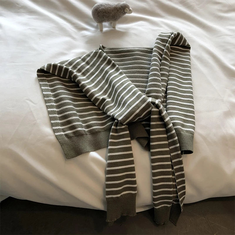 Women Blouse Shoulders Korean Style Knitted Shawl Fake Collar Cape Knotted Scarf Stripe Neck Guard Scarve Clothes Decoration