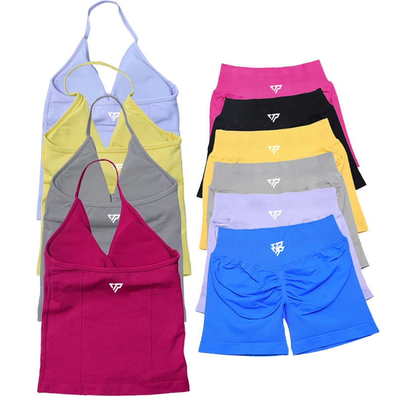 Keep That Pump 2 Piece Sets Shorts Top Womens Outfits Yoga Sets Gym Sets High Quality Seamless Lace-Up Bra Scratch Sports Sets