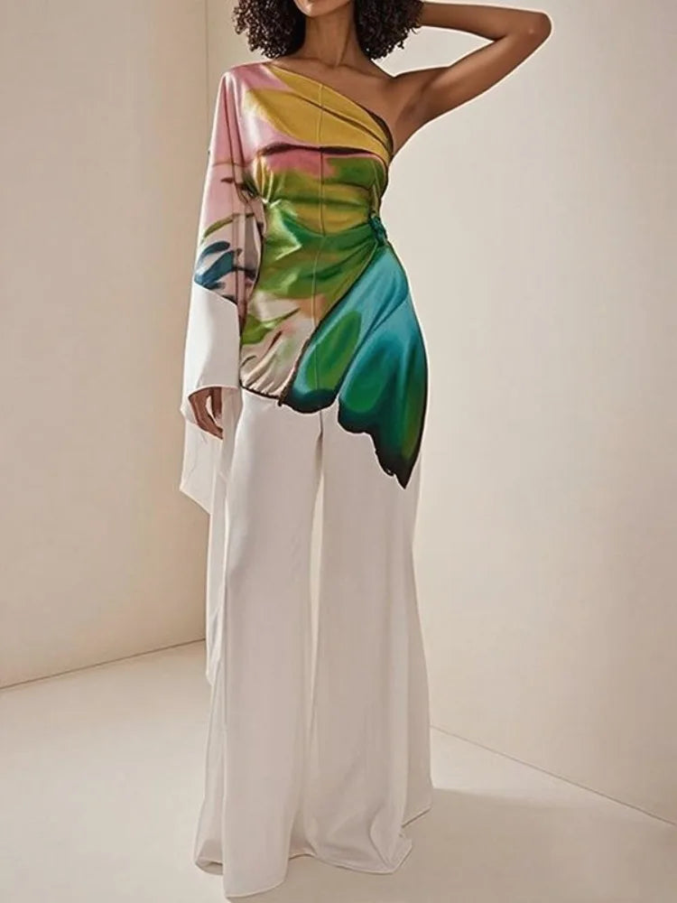 Women's Elegant Jumpsuit One-shoulder Flared Sleeves Wide Leg One-piece Suit 2025 Summer Stylish Butterfly Print Rompers