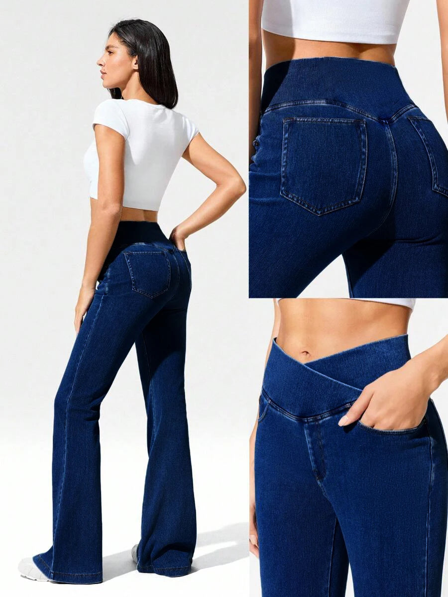 Versatile Slimming Jeans Spring/Summer New Style High Stretch Cross Waist Flare Jeans For Women Hip Enhancing Knitted Jeans