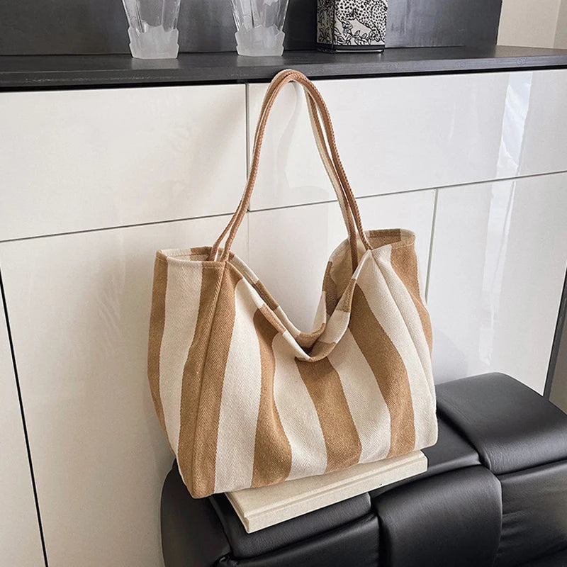 Summer Stripe Canvas Tote Bag Female Casual Large Capcity Simple Shoulder Bags Shopping Handbag Daily Totes Bag