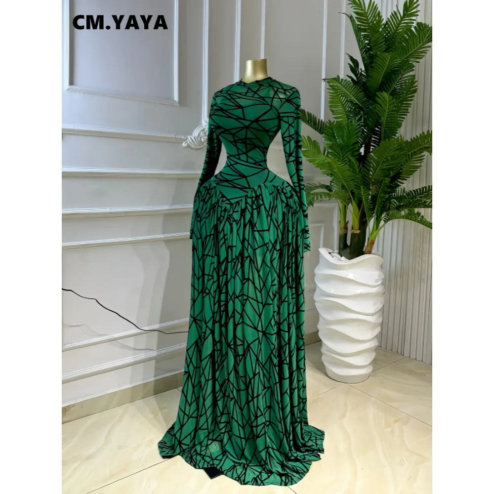 CM.YAYA Women Full Sleeve Printed O-neck Maxi Long Dress 2026 Evening Birthday Vacation Sexy Party Club Vestidos Dresses