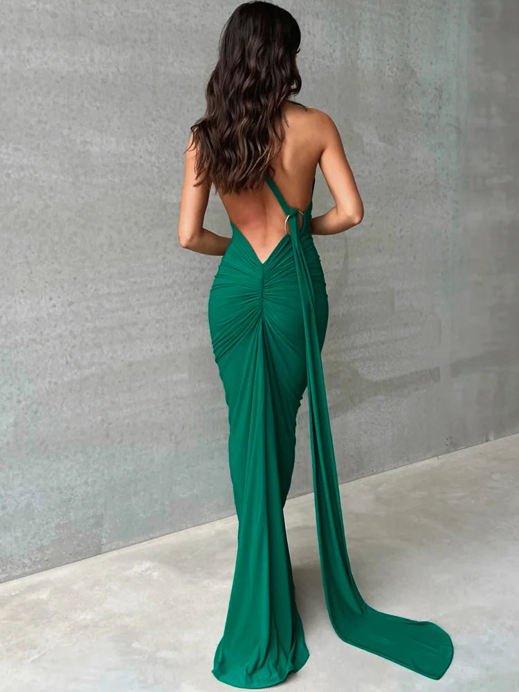 Hugcitar One Shoulder Backless Adjustable Scarf Loop Ruched Sexy Maxi Dress 2025 Women Elegant Y2K Streetwear Festival Outfit