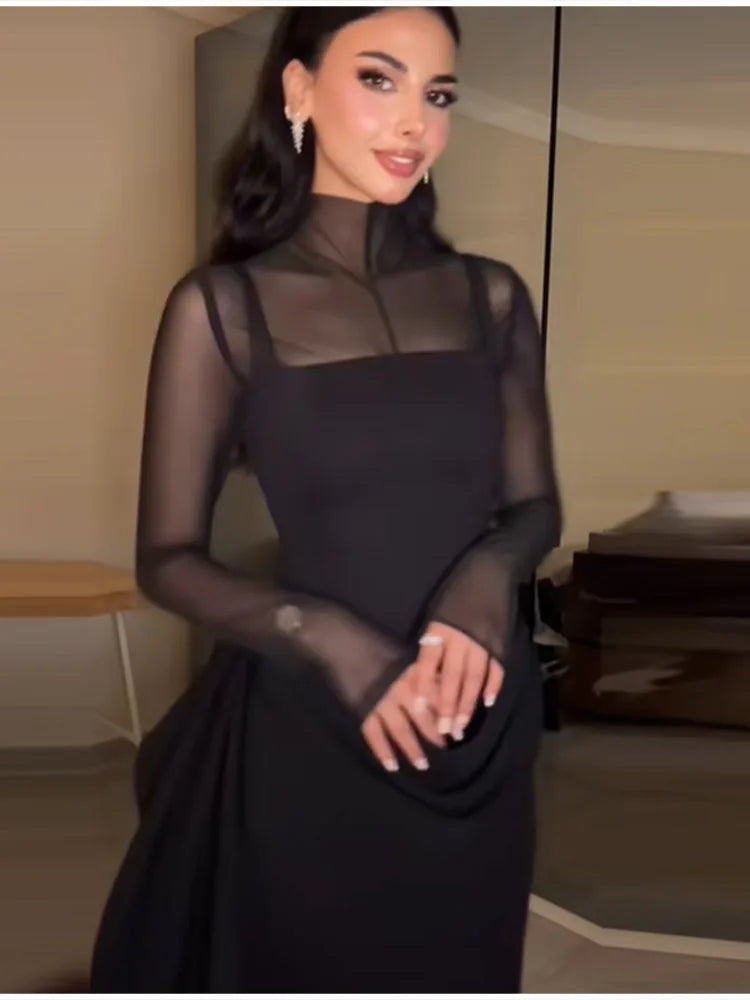 Chic Modern Gown Sheer-panel Vintage Women Maxi Dresses Elegant Trendy Female Evening Party Trendy Ladies Spring Wear