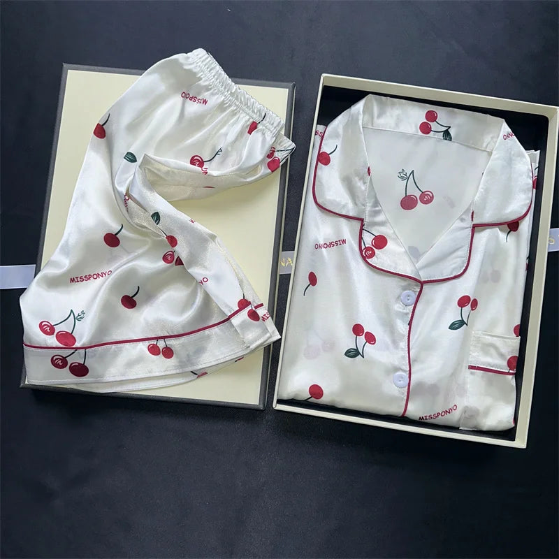 Cherry Print Silk Pajamas Set for Women Summer Short Sleeve Shirt and Shorts Two Pieces Sleepwear Homewear Nightwear