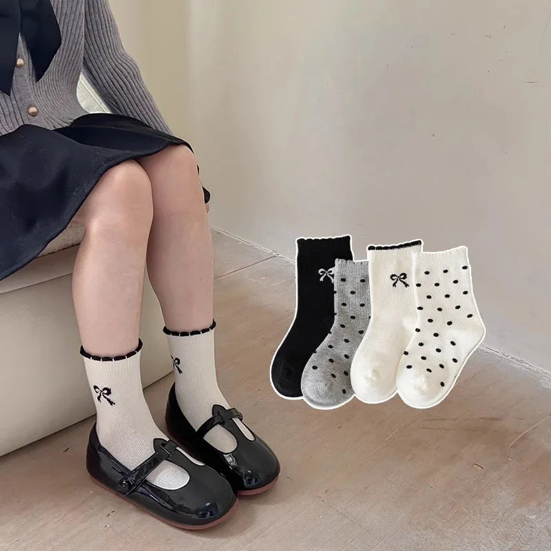 4pair/set Cute Korean Fashion Calf Sock for Kids Girl Sweet Bow Dot Style Princess Children Sock Spring Summer Soft Cotton Sock