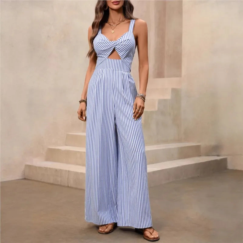 2026 new women's jumpsuit with elegant striped suspender comfortable hollow out fashionabl ev-neck sweet and versatile jumpsuit