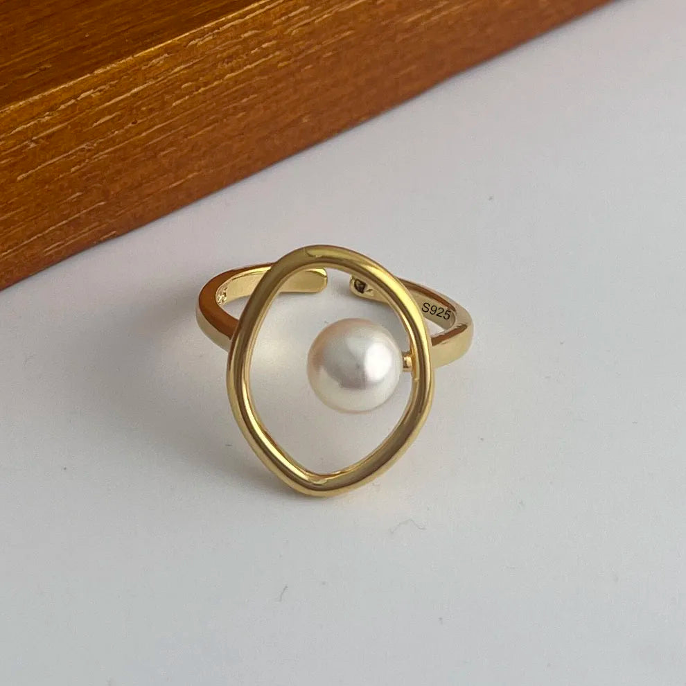 925 Sterling Silver Rings For Women Men Wide Vintage Gold Pearl Open Ring For Birthday Party Gift