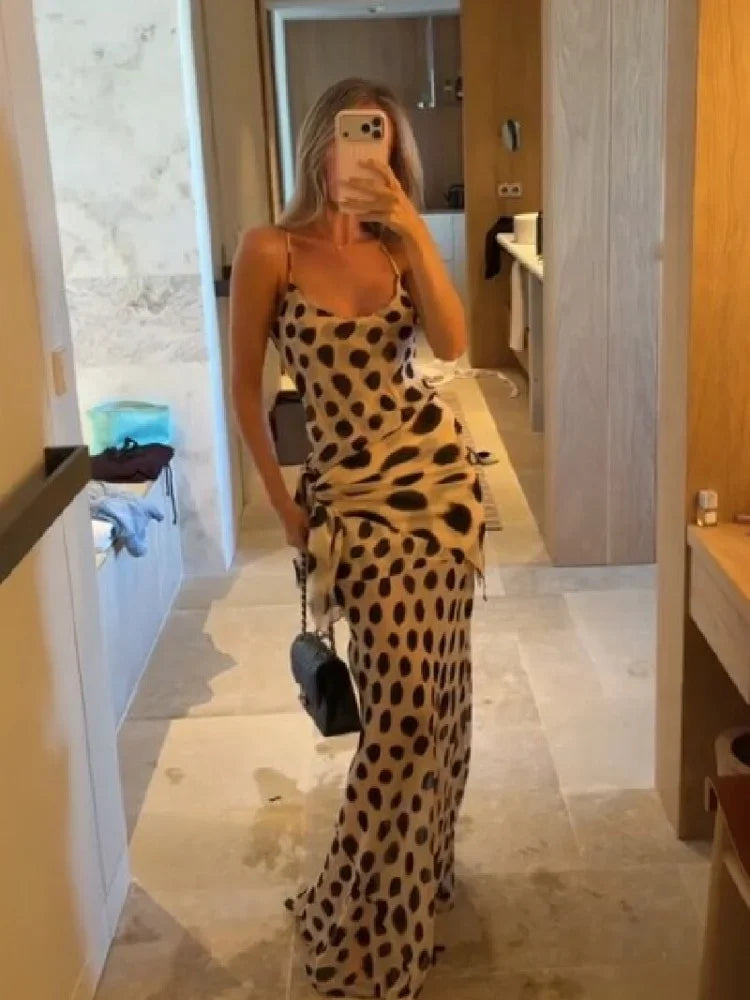 Women Polka Dot Maxi Dress Spaghetti Strap Cowl Neck Ruched Side Drawstring Bodycon Sheer Mesh Summer Beach Vacation Party Dress