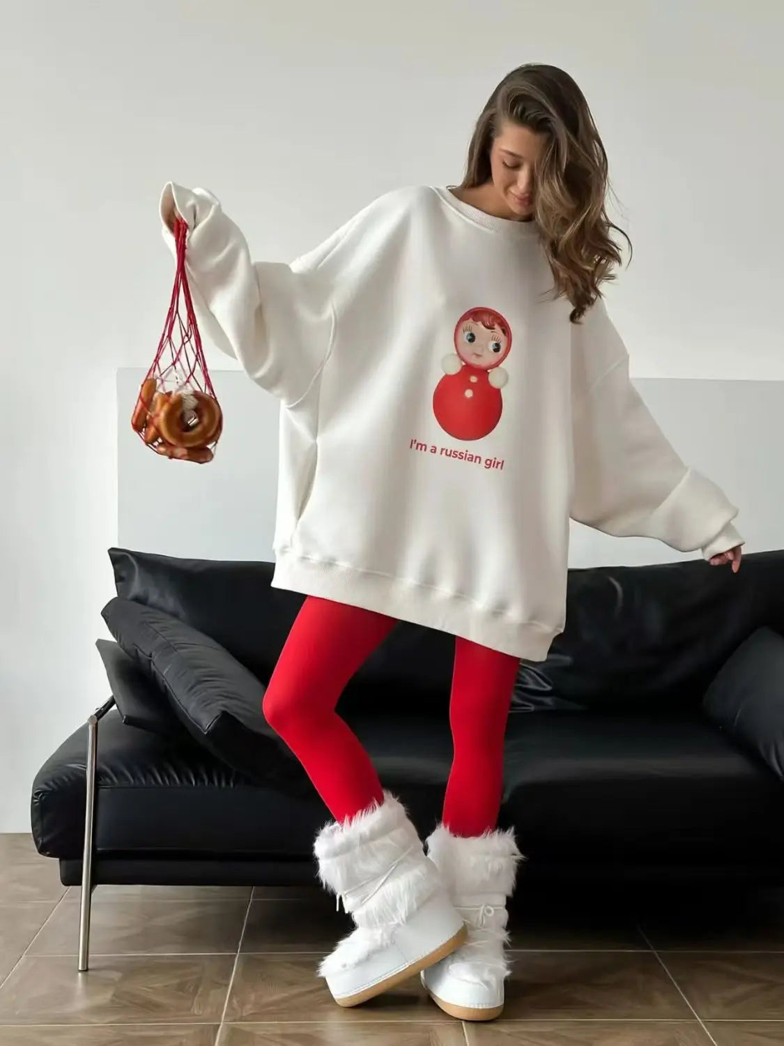 Russian Girl Superior Sense Print O Neck Sweatshirt Women White Thin Spring 2025 Hoodies Women Russian Style Loose Casual Tops