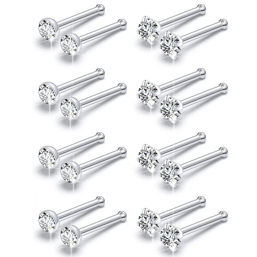 Nose Rings 2pcs 20G Surgical Steel Piercing Jewelry Straight Screw Clear CZ Nose Piercing Jewelry Silver Nostril Ring