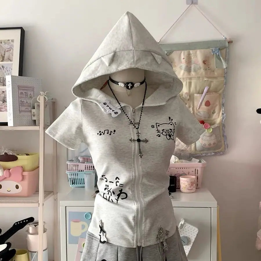 Cat Ears Hooded Sweatshirts 2025 Women Clothes Short Sleeve Zipper Slim Fit Hoodies Y2k Tops Casual Fashion Japanese Cute Hoodie