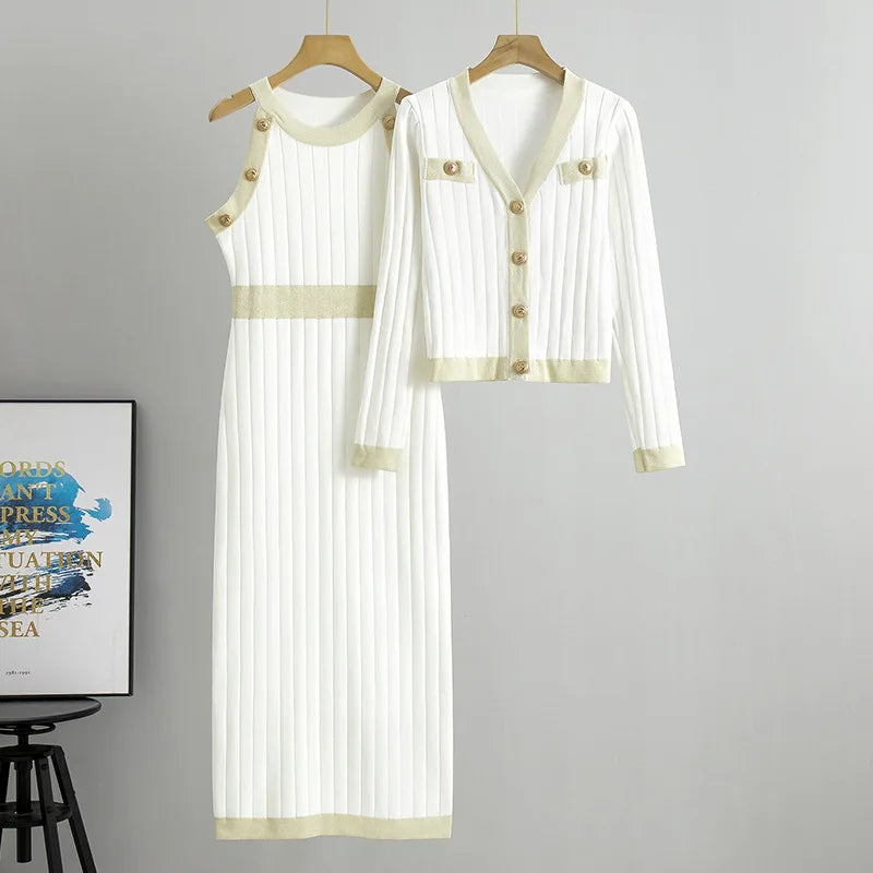 French Style Dress Sets Women's High Waist Knitted Two-pieces Sweater Tant Dress and Coats Spring Autumn Fashion Elegant Outfits