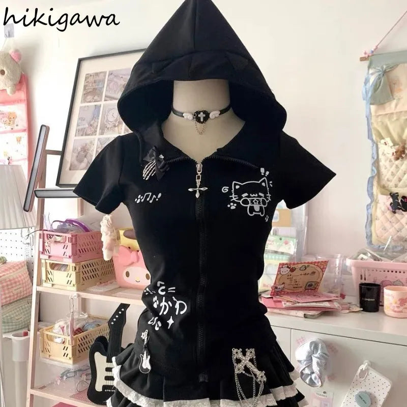 Cat Ears Hooded Sweatshirts 2025 Women Clothes Short Sleeve Zipper Slim Fit Hoodies Y2k Tops Casual Fashion Japanese Cute Hoodie