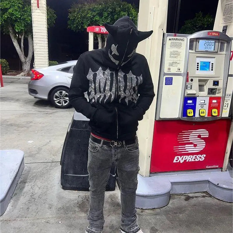 Men Y2K Fashion Hoodie Monster Horn Rhinestones Hoodie Clothes Hoodies Goth Grunge Long Sleeve Women Sweatshirt Oversized Tops
