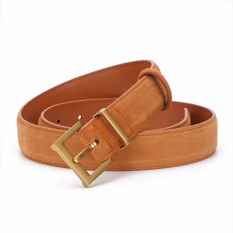 Trendy Women’s Double Genuine Leather Belt Elegant Cowhide Suede with Stylish Square Alloy Buckle Ideal for Dresses and Jeans