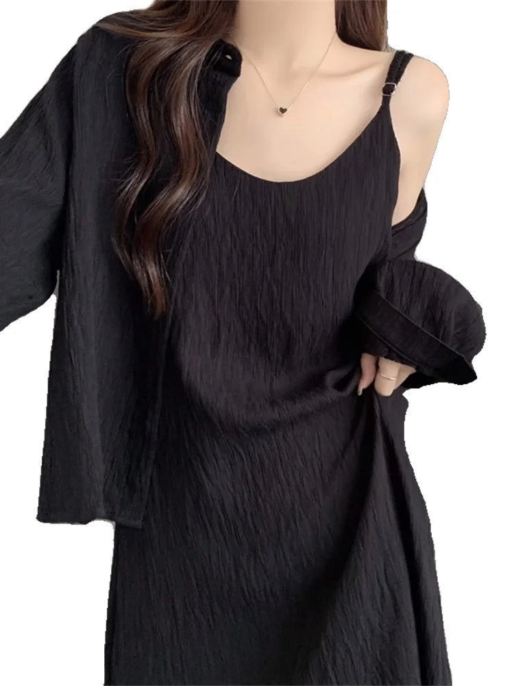plus Size Summer Long Sve irt Early Spring New Sle Slimming Meat Covering Ele Strap Dr Two Piece Set Women's Cl...