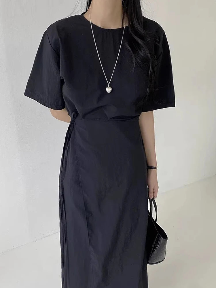 Korean Style Dress For Women Solid Gathered Waist Lace Up Minimalist Versatile Female Dresses 2024 Summer New