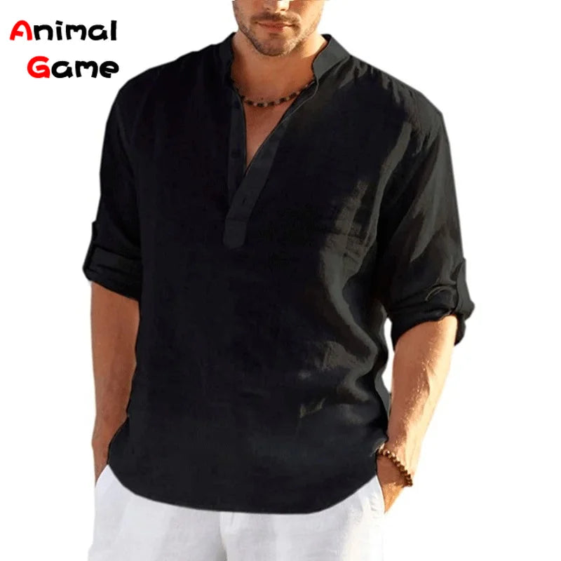 New Men's Linen Long Sleeve T-Shirt Solid Color Loose Spring T-Shirt Long Sleeve Cotton Linen Shirt Plus Size Shirts Men
