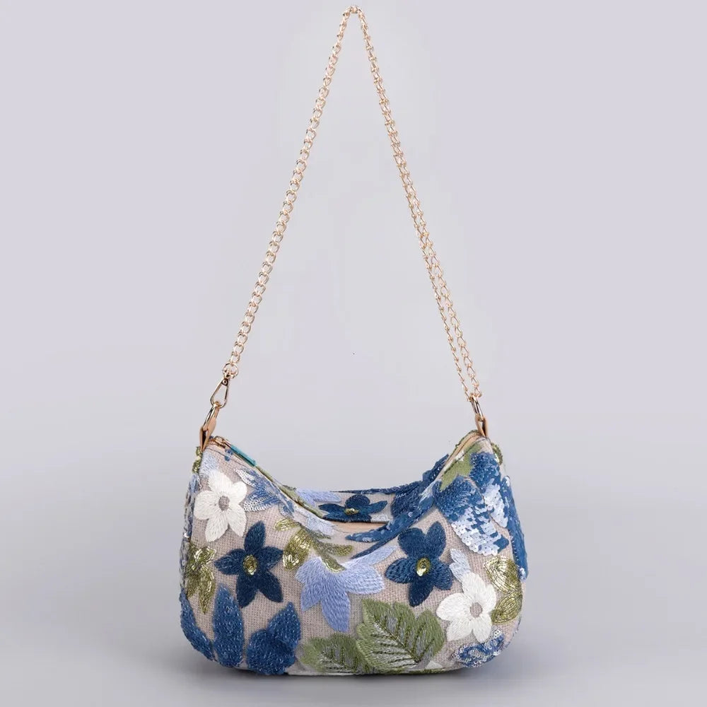 Cute Flower Embroidery Women Shoulder Bags Fashion Sequin Chains Crossbody Bag Summer Casual Beach Bag Hobos Handbag and Purse