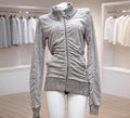 American Street Style Retro Pleated Turtleneck Zipper Hoodie Womens Grey Oversized Hoodie with Ribbed Cuffs Y2K Style Jacket
