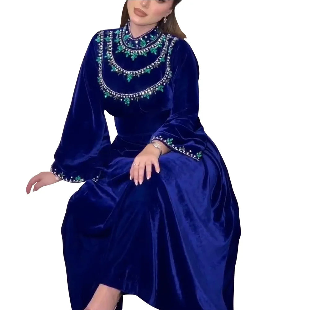 Velvet Autumn Winter Morocco Luxury Muslim Women Abaya V-neck Maxi Dress Turkey Arabic Islamic Kaftan Dubai Evening Party Kaftan