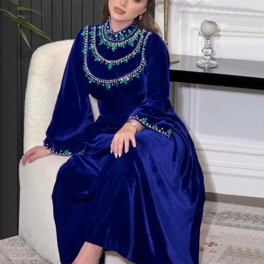 Velvet Autumn Winter Morocco Luxury Muslim Women Abaya V-neck Maxi Dress Turkey Arabic Islamic Kaftan Dubai Evening Party Kaftan