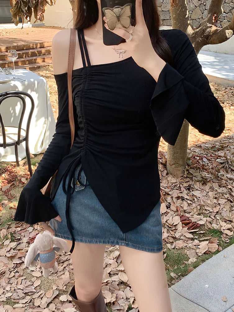Sweet Sexy Drawstring Ribbon White Off Shoulder Top Women Basic Long Sleeve Body T-Shirt Elegant Flare Sleeve Lady Tees Pulovers