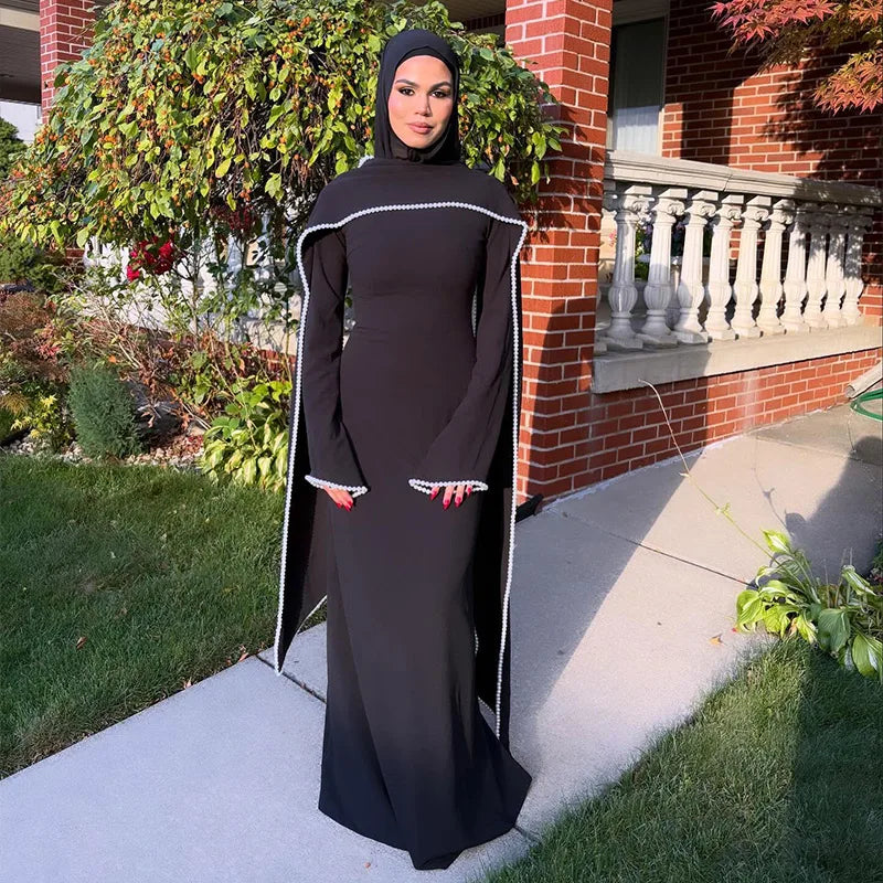 White Pearl Trim Cape Maxi Dress Women Elegant Long Sleeve Cinching Waist Muslim Robes 2026 Spring EID Abaya Lady Dresses