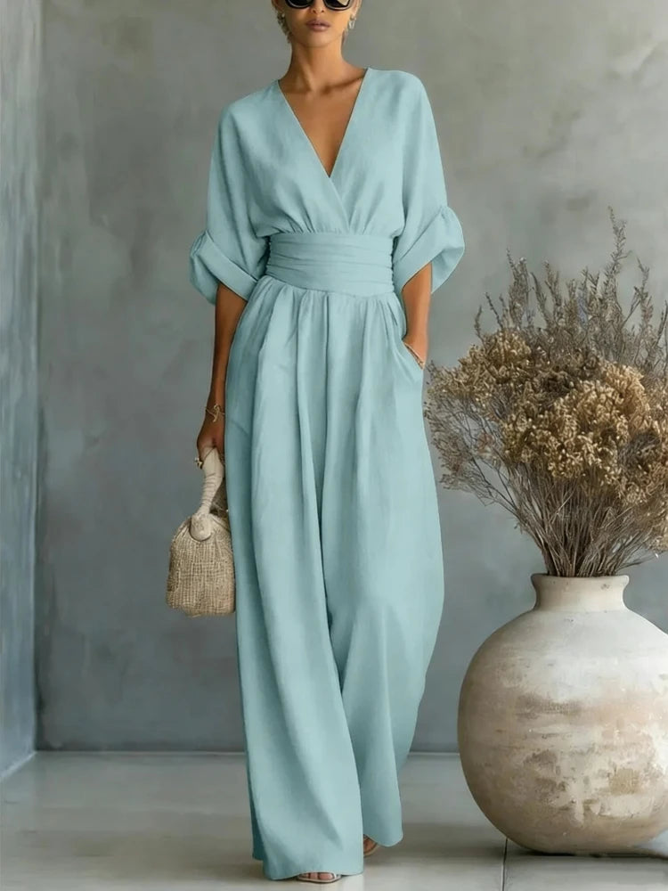 Women's Jumpsuit Fashion High Waist V-neck Casual Jumpsuits Sexy Solid Color Office Wide Leg Trousers Overalls Vacation Outfit