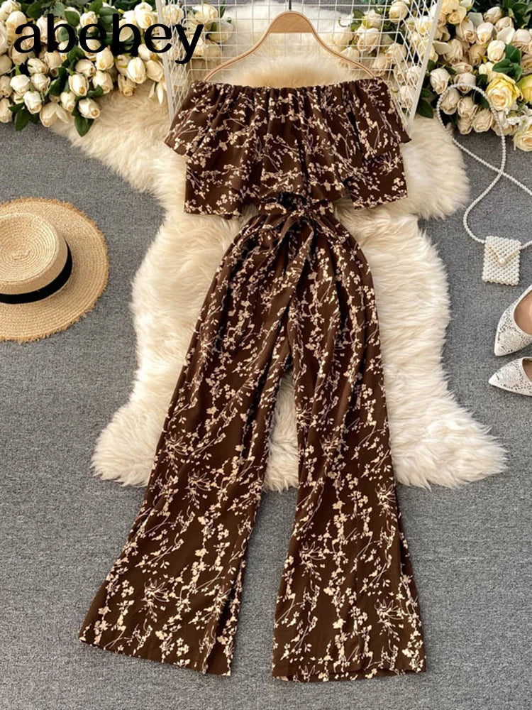 Women Jumpsuit Rompers Summer Casual Floral Print Off Shoulder Ruffles Lace-up Sashes Wide Leg Holidays Loose Jumpsuits