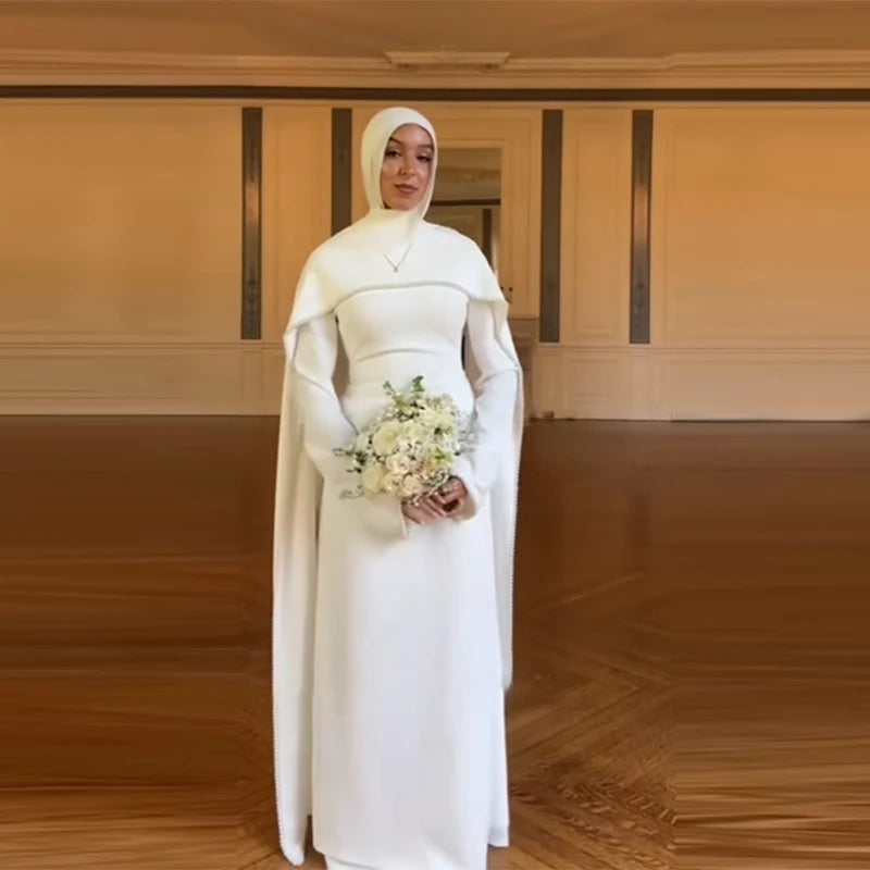White Pearl Trim Cape Maxi Dress Women Elegant Long Sleeve Cinching Waist Muslim Robes 2026 Spring EID Abaya Lady Dresses